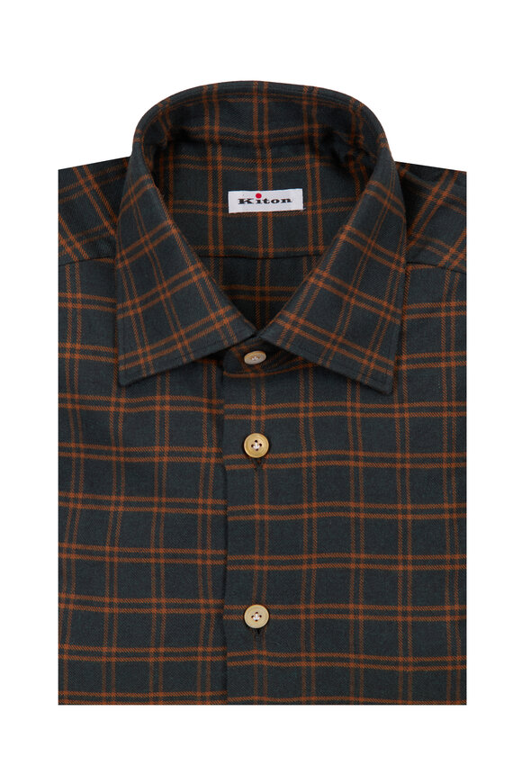 Kiton Hunter Green Plaid Cotton Dress Shirt - view 1