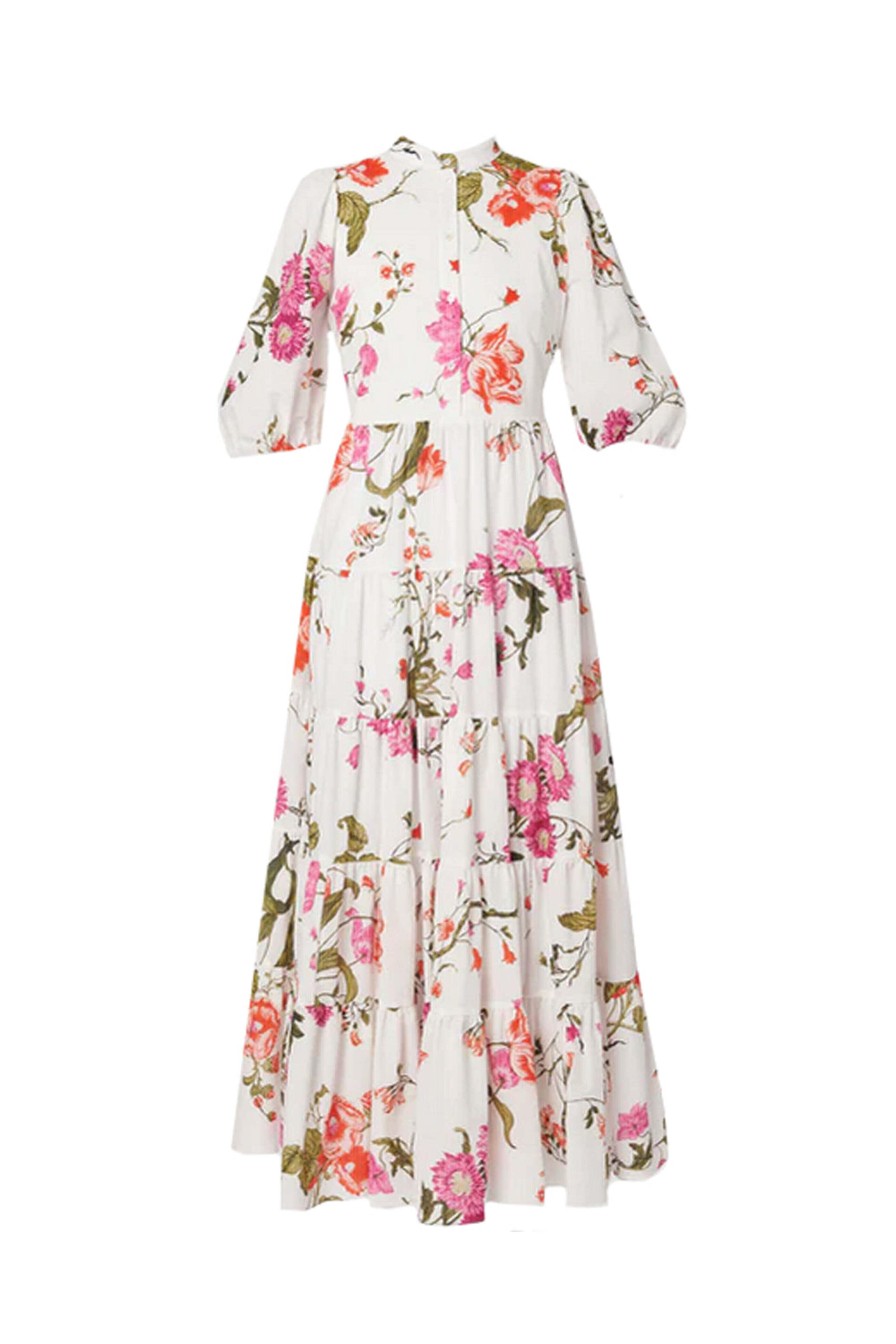 Erdem - White Volume Sleeve Tiered Dress
