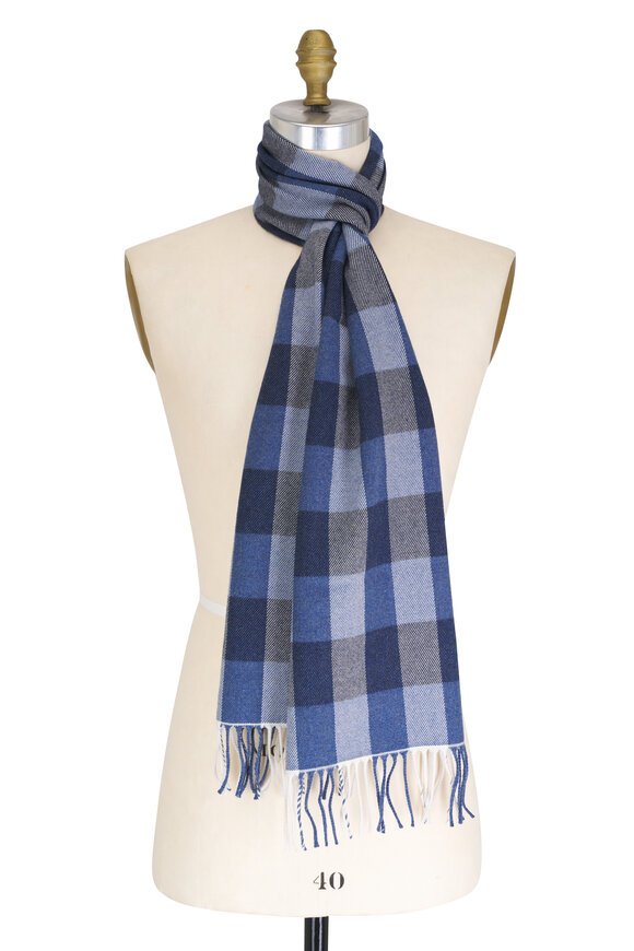 Eton Blue Check Wool Fringe Scarf 