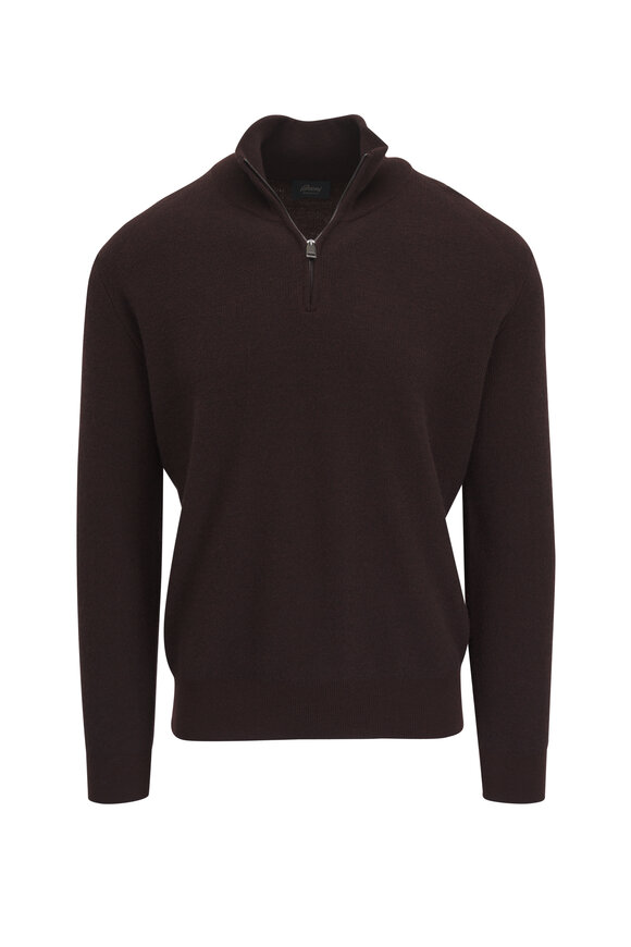 Brioni Coffee Cashmere & Wool Ribbed Quarter Zip Pullover