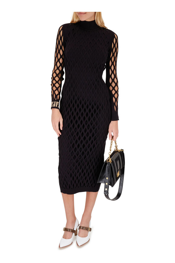 Fendi - Black Knit Open Weave Layered Long Dress