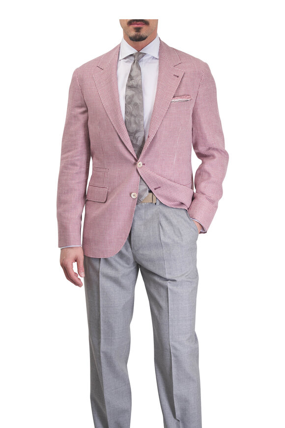 Brunello Cucinelli Red Houndstooth Wool, Linen & Silk Sportcoat - view 2