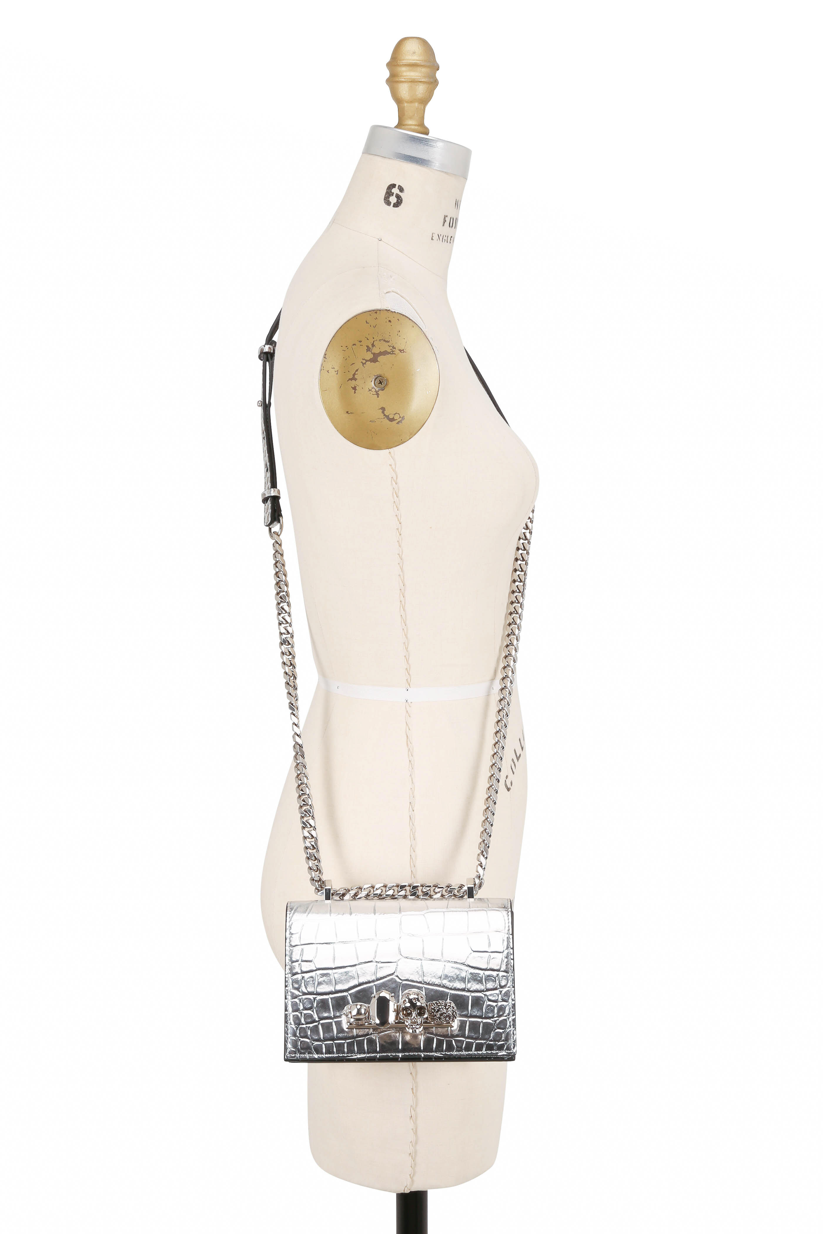 McQueen - Silver Croc Embossed Leather Knuckle Shoulder Bag
