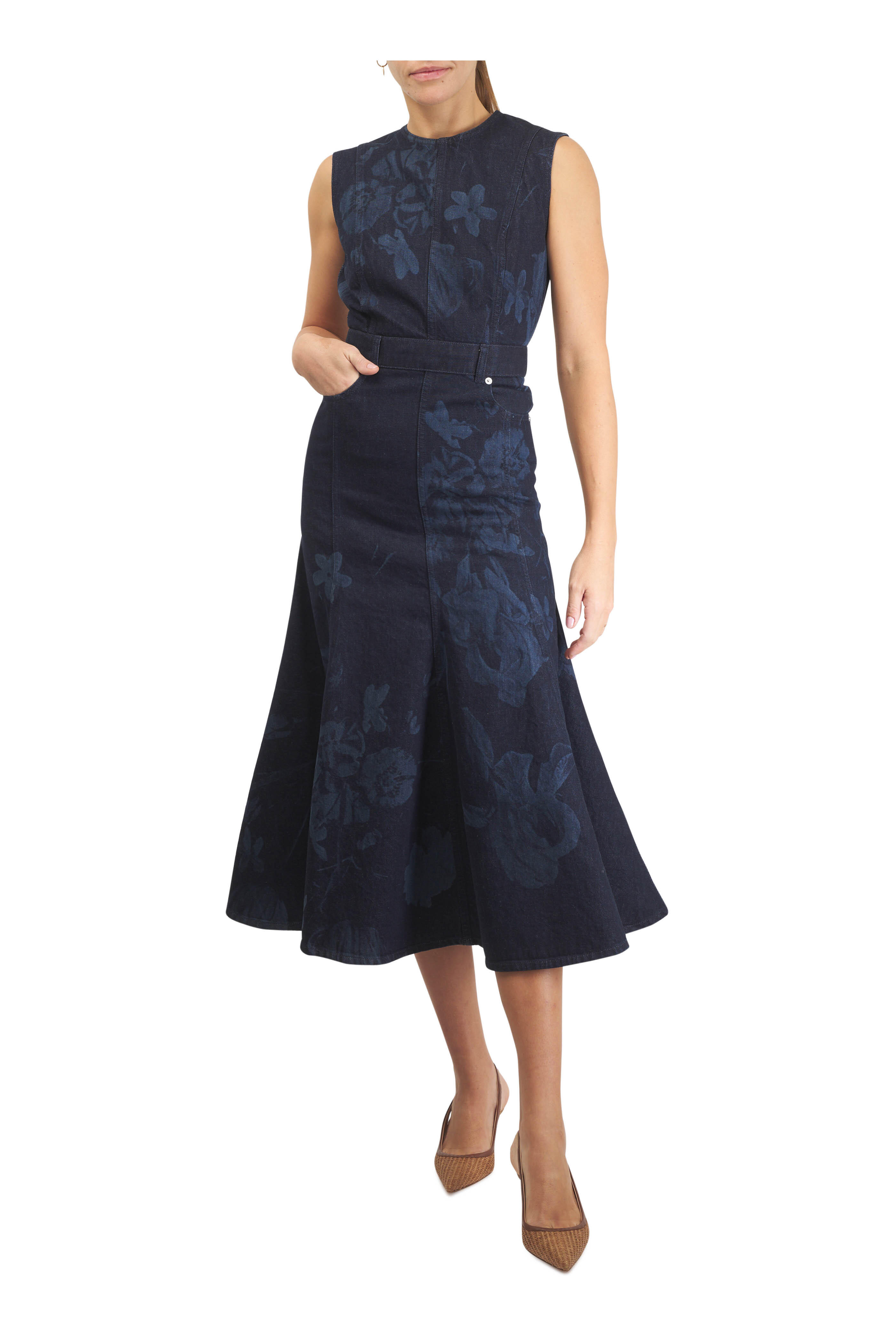 Erdem - Floral Denim Fluted Midi Dress