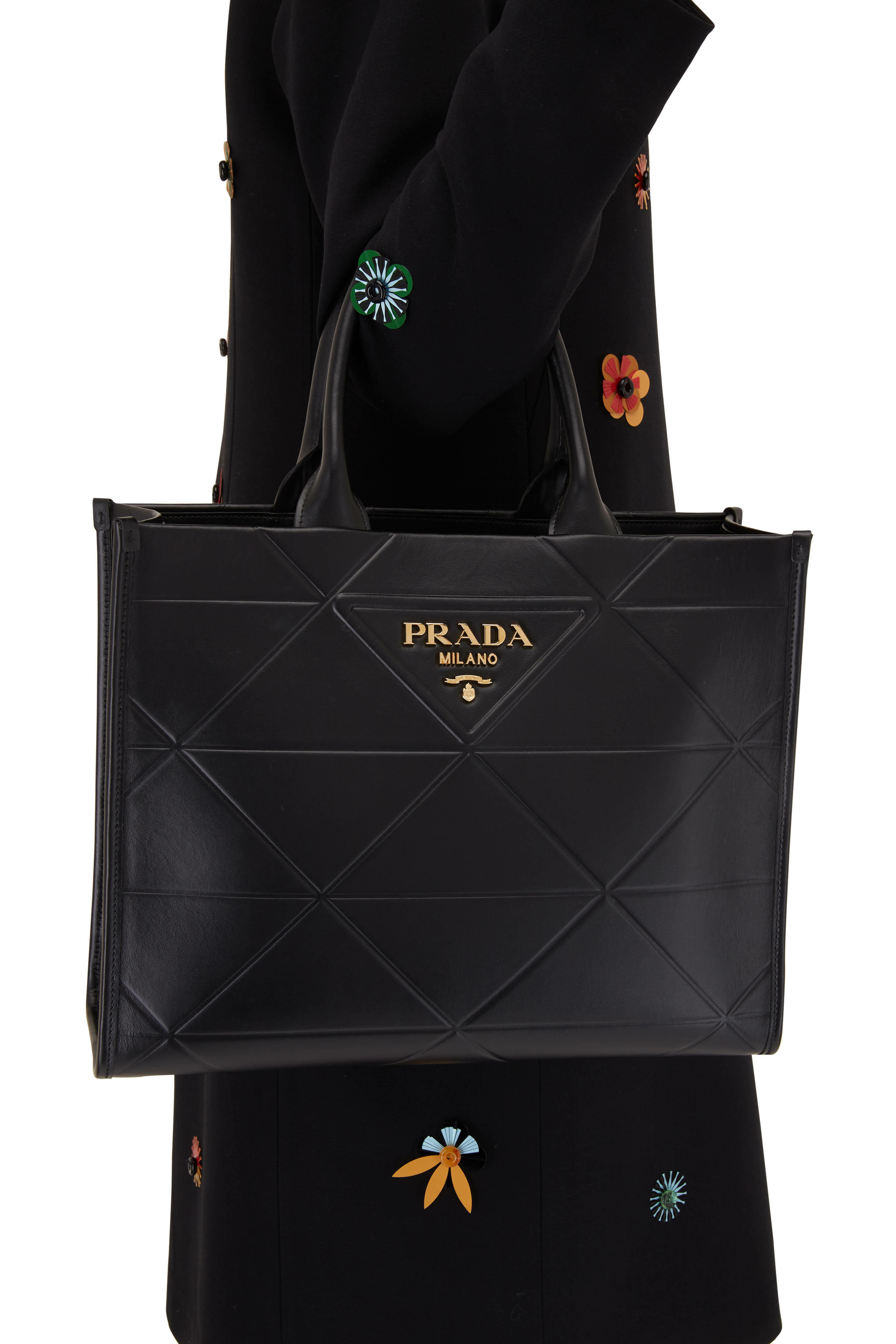 Leather Medium Tote Bag in Black - Prada