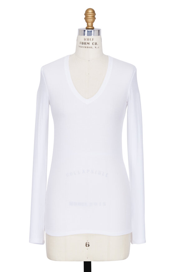 A T M - White Ribbed V-Neck Long Sleeve Top