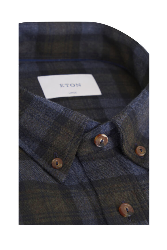 Eton Navy Blue Plaid Check Flannel Dress Shirt - view 2