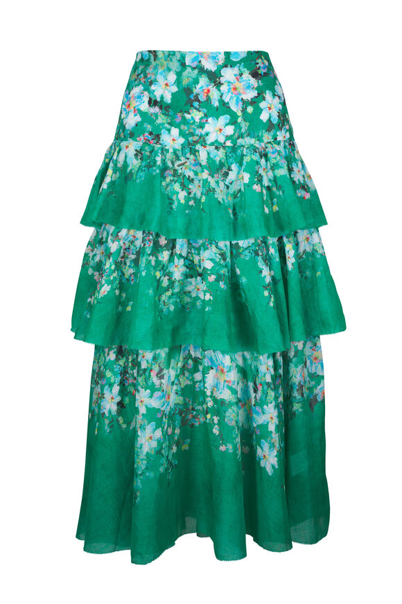 Zimmermann Everley Tiered Green Watercolor Floral Midi Skirt