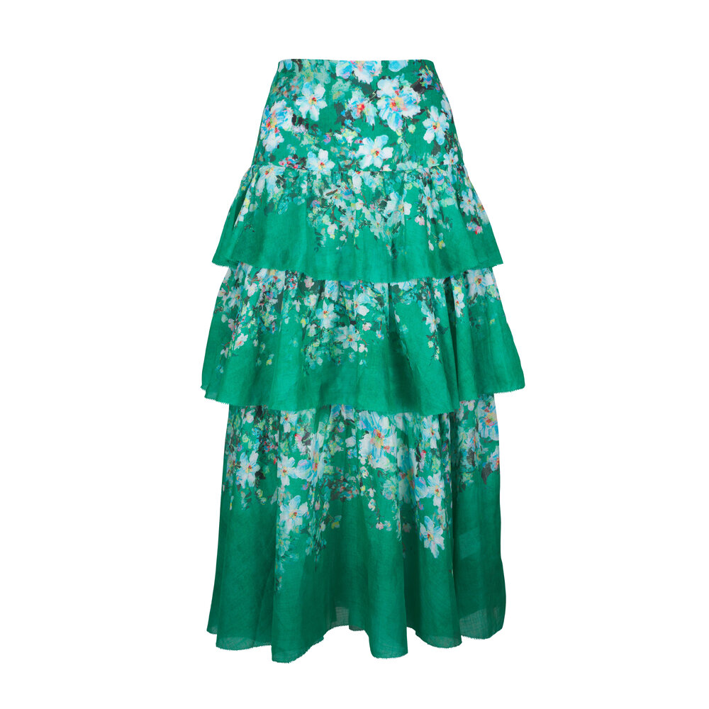 スカート ZIMMERMANN Woman Skirt Green 2821SR251 MINT Zimmermann - Everley Tiered Green Watercolor Floral Midi Skirt