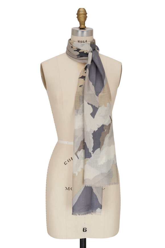 Kinross - Almond Multi Abstract Leaves Silk Cashmere Scarf 