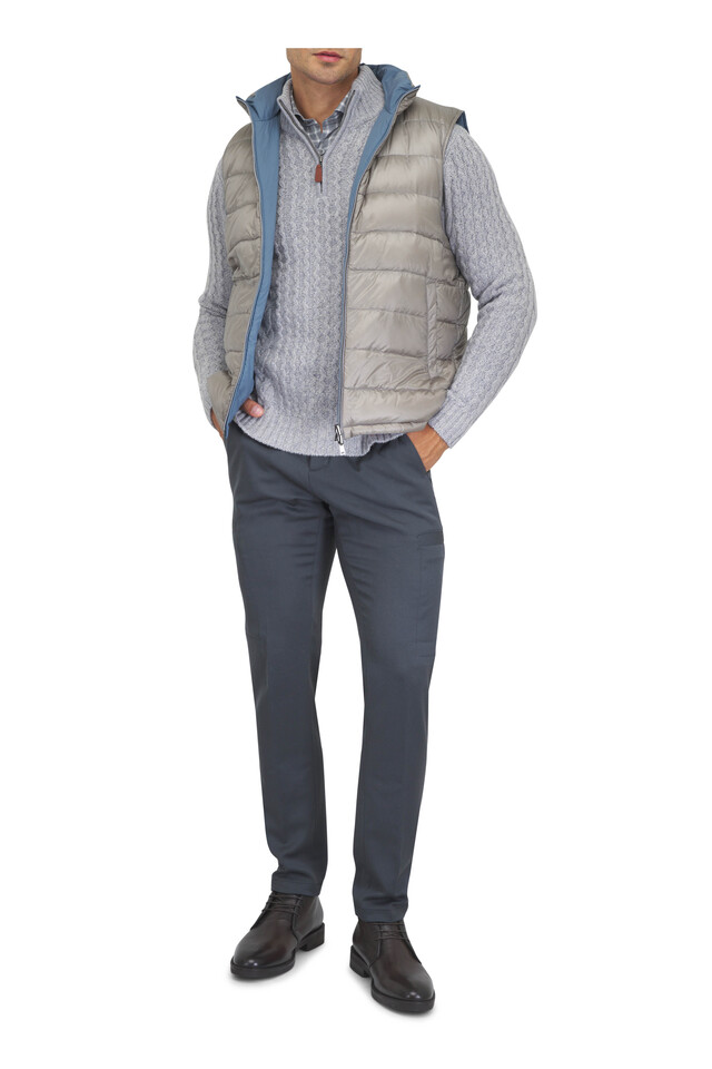 Designer outfit featuring Metis Dark Gray Stretch Wool Cargo Pant and Norfolk Tmoro Brown Grained Leather Lace Up Boot