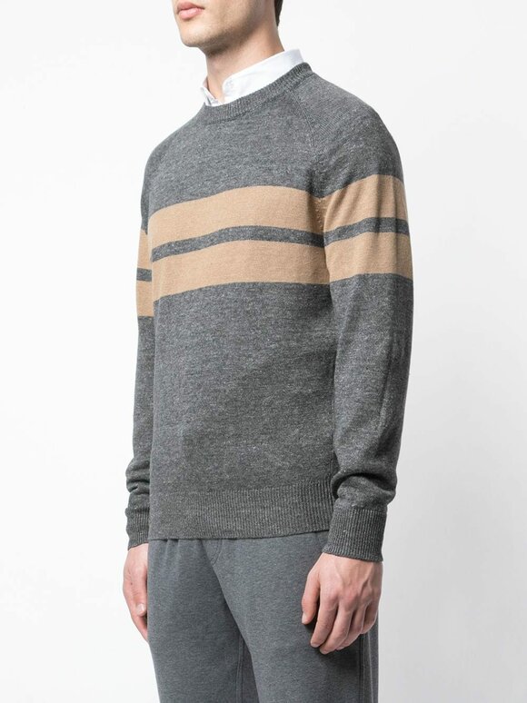 Brunello Cucinelli - Gray & Camel Striped Linen & Cotton Pullover