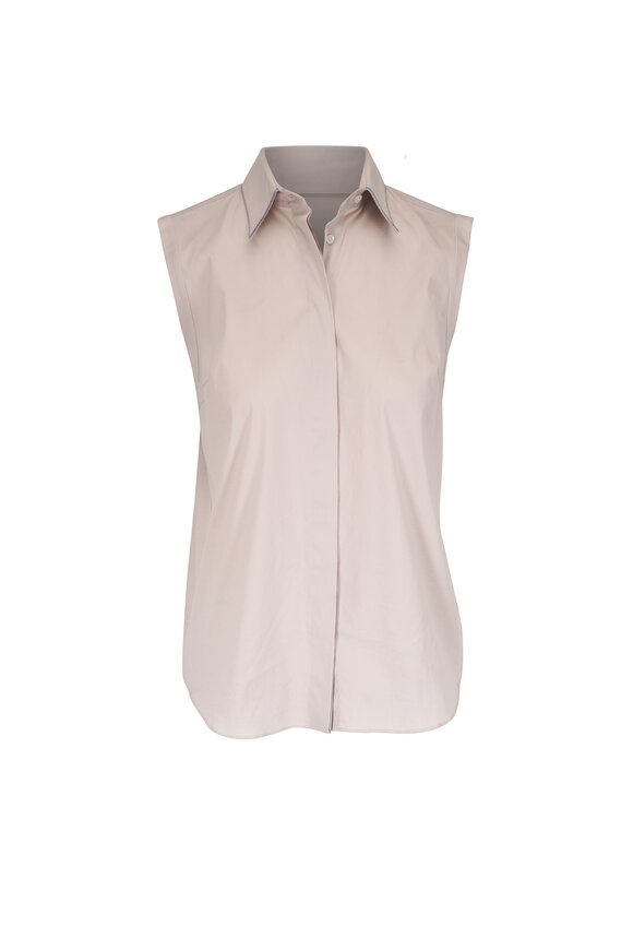 Brunello Cucinelli Khaki Sleeveless Poplin Blouse