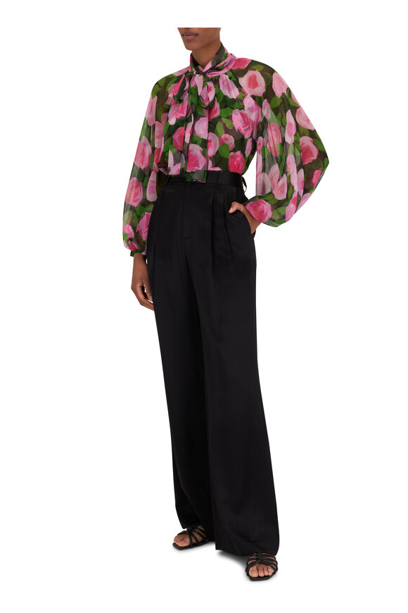 Carolina Herrera - Black Multi Rosebud-Print Tie-Neck Blouse