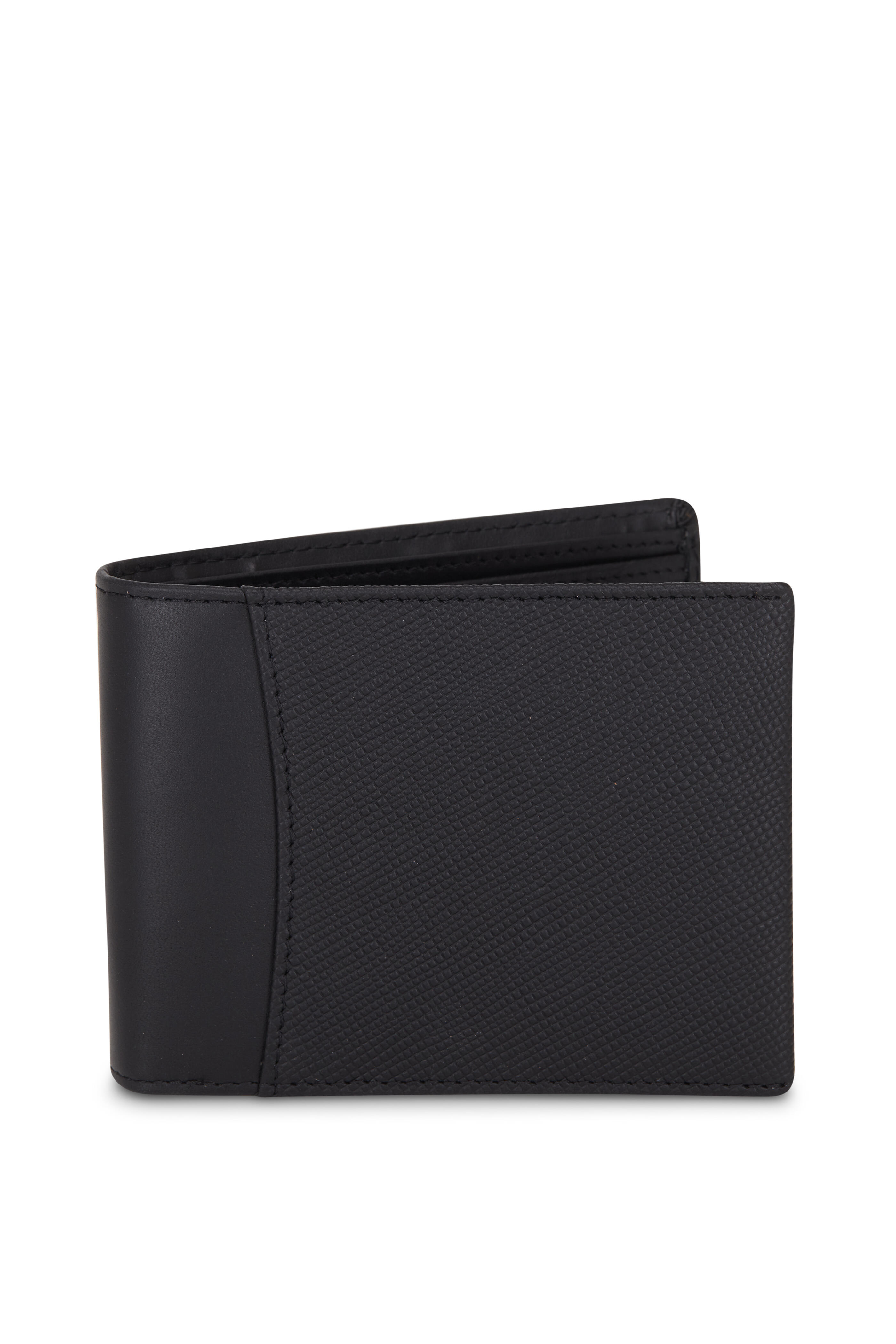 Black saffiano leather bi-fold wallet with studs