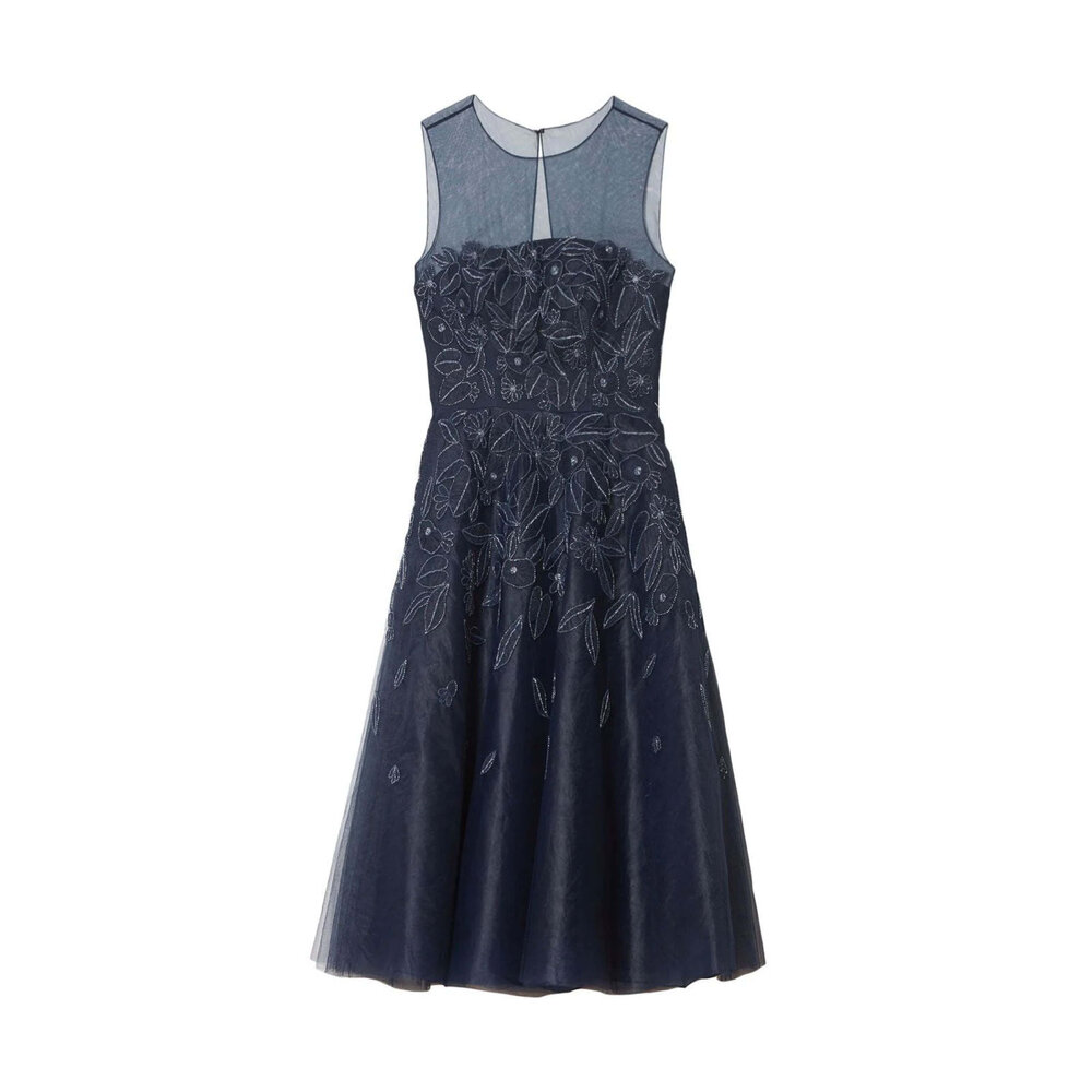 Carolina Herrera - Navy Embroidered A Line Tea Length Dress