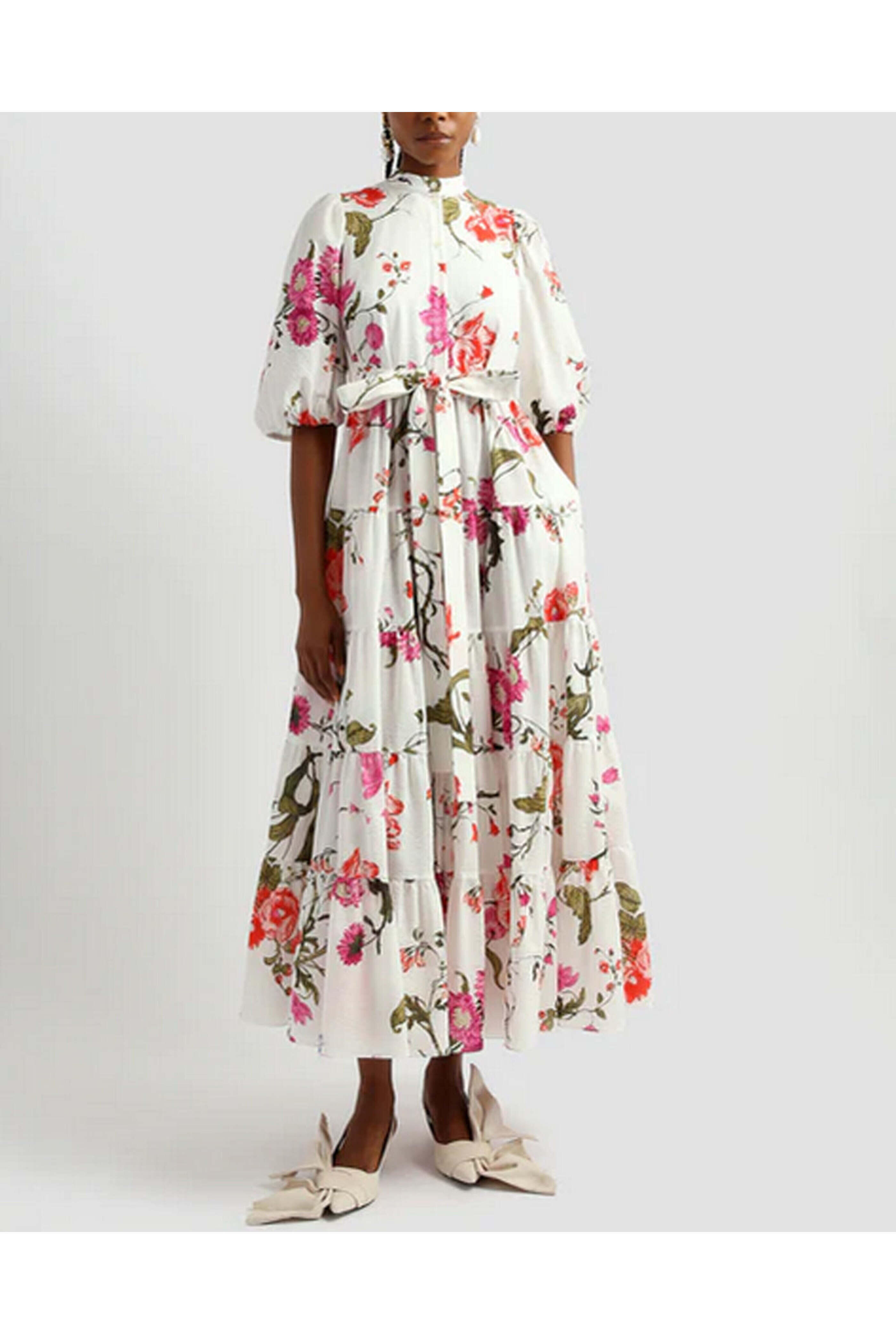 Erdem - White Volume Sleeve Tiered Dress