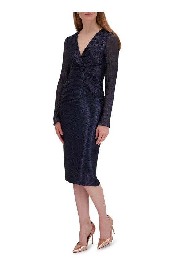 Talbot Runhof - Navy Metallic Long Sleeve Ruched Cocktail Dress