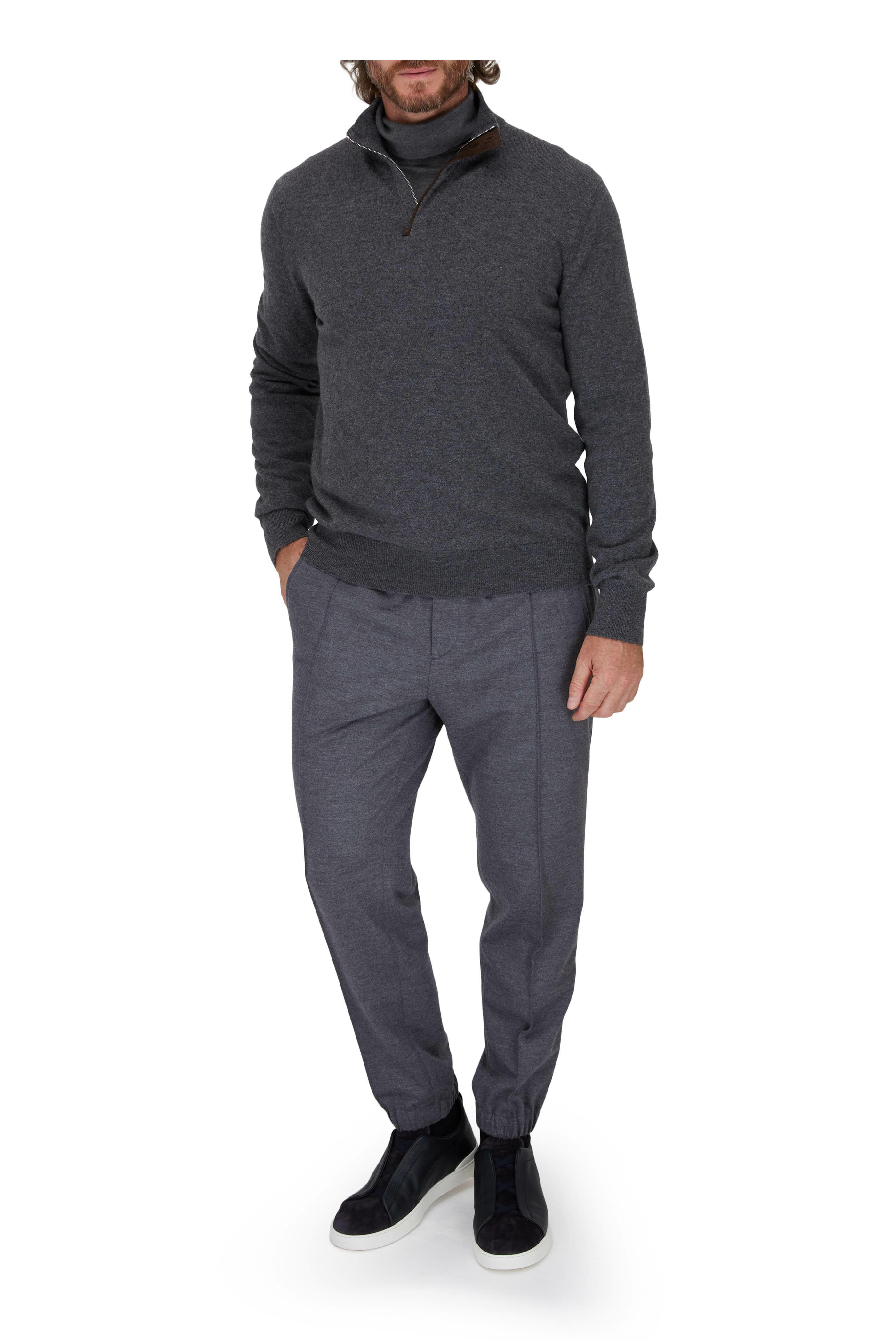 Zegna - Gray Cashmere Quarter Zip Pullover | Mitchell Stores