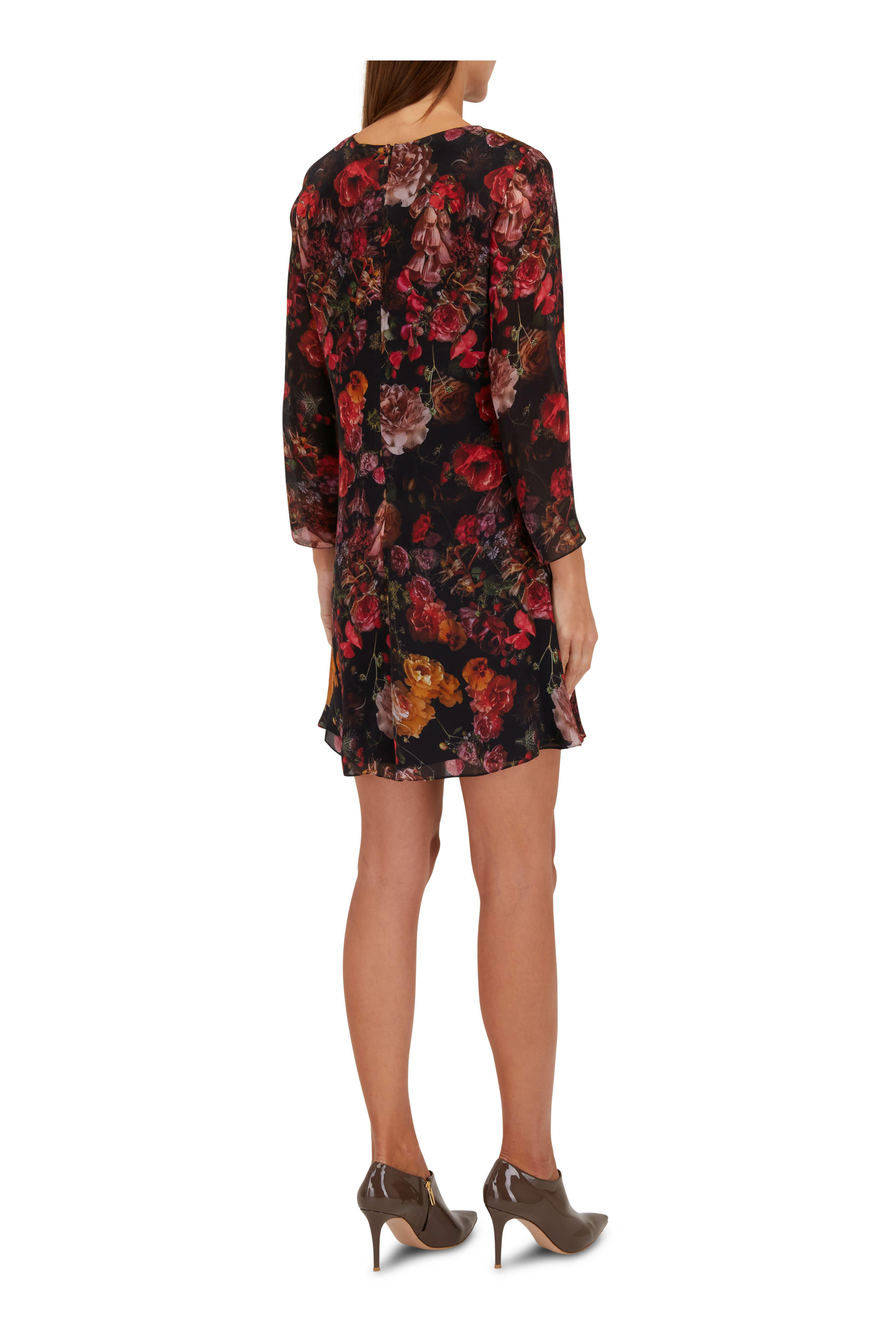 Adam Lippes - Black Floral Printed Silk Georgette Skater Dress