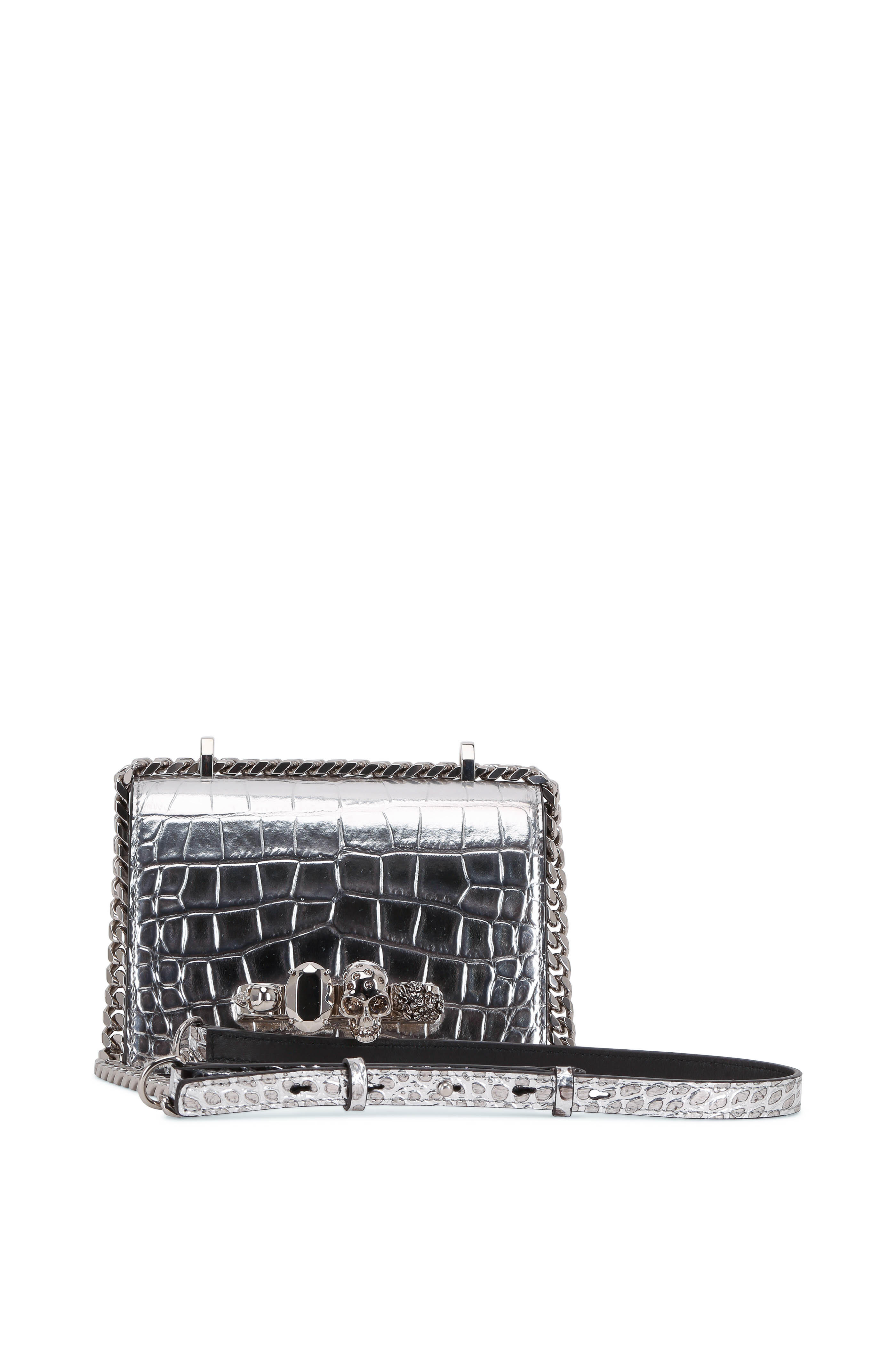 McQueen - Silver Croc Embossed Leather Knuckle Shoulder Bag