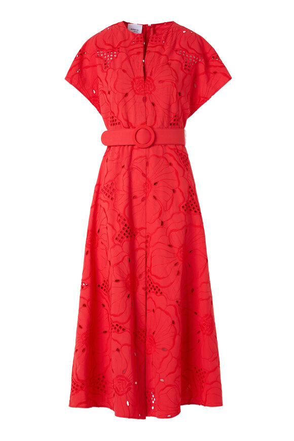 Akris Punto Red Floral Eyelet Embroidered Belted Midi Dress - view 1