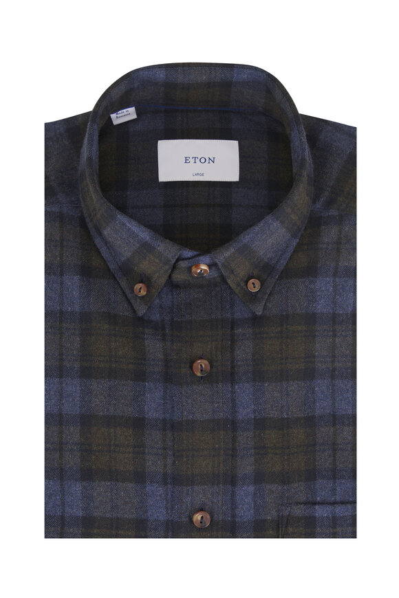 Eton Navy Blue Plaid Check Flannel Dress Shirt - view 1