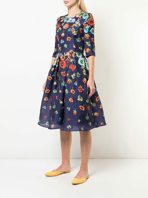 Carolina Herrera - Blue Floral Print Elbow Sleeve Dress