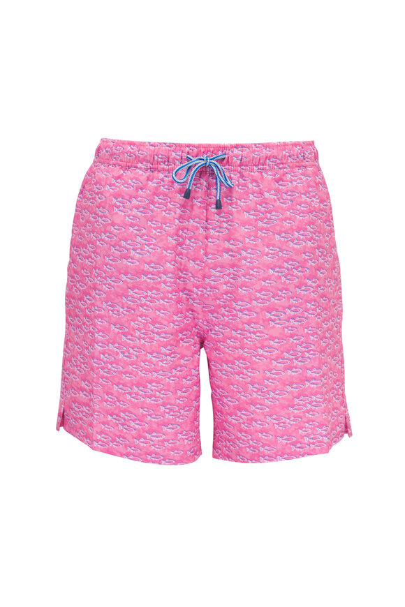 Peter Millar Pink Ruby School of Fish Print Swim Trunks