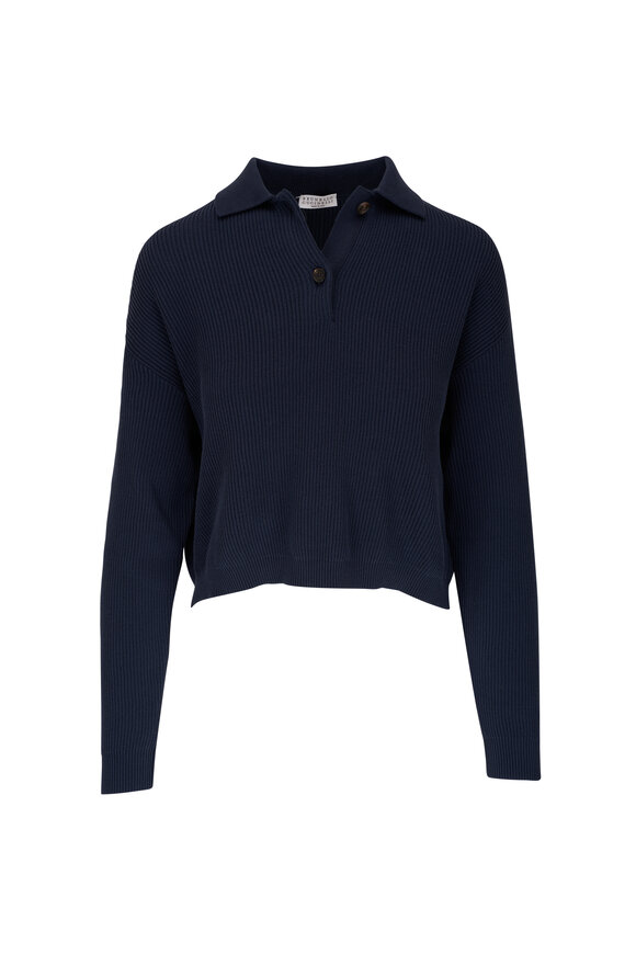 Brunello Cucinelli Navy Sea Island Cotton Polo Cropped Sweater 