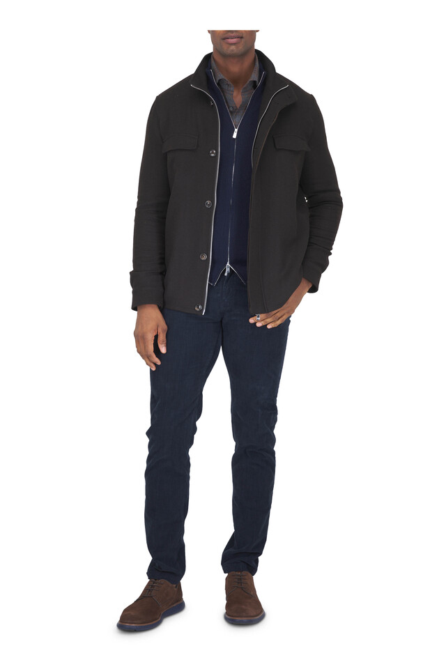Designer outfit featuring Nerano Navy Blue Corduroy Five Pocket Pant, Titan Chocolate Fly Front Jacket and 1 other piece