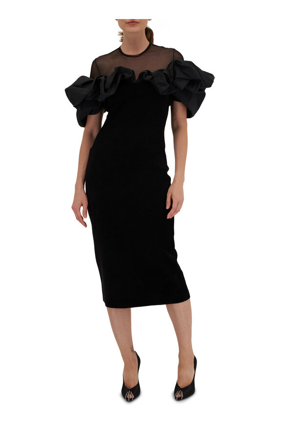 McQueen - Black Velvet & Mesh Ruffle Midi Dress 