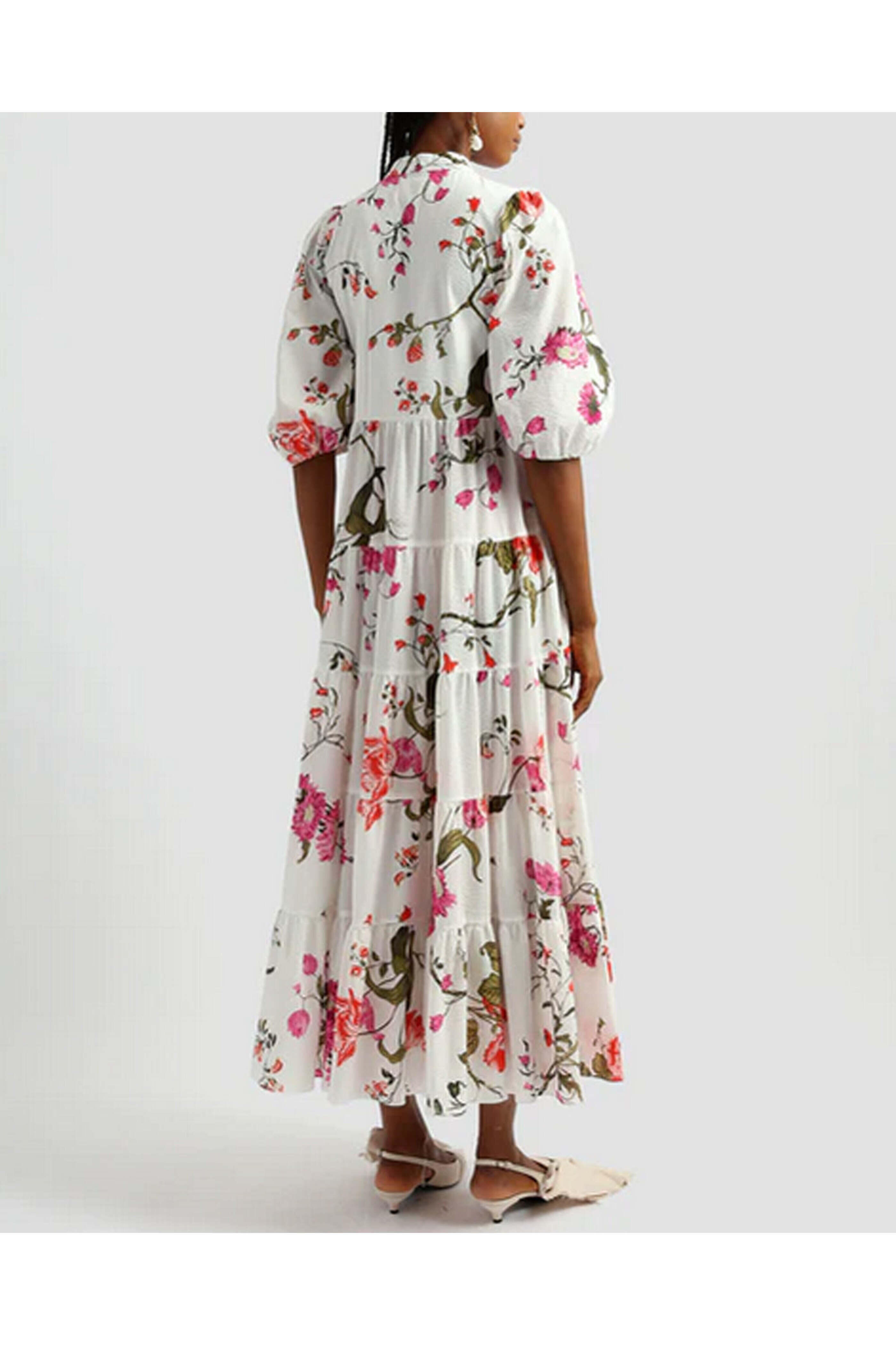 Erdem - White Volume Sleeve Tiered Dress