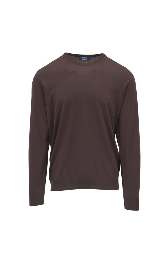 Fedeli Super 140s Coffee Wool Crewneck Shirt - view 1