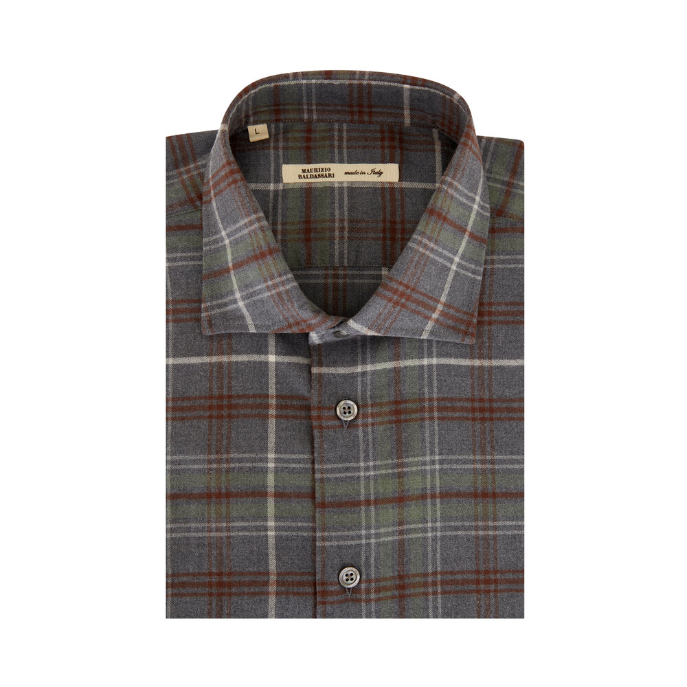 Maurizio Baldassari - Olive & Gray Plaid Cotton Sport Shirt