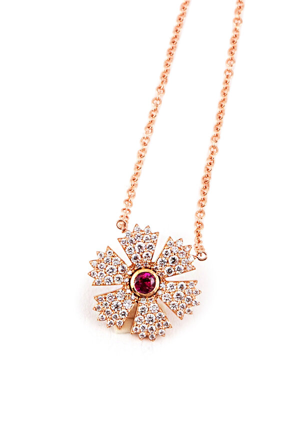 Sylva & Cie - Mini Flower Diamond & Ruby Pendant Necklace