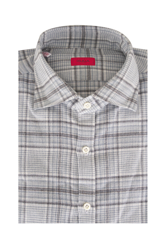 Isaia Blue Plaid Cotton Flannel Sport Shirt - view 1