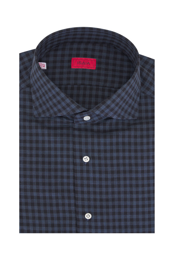 Isaia Navy & Blue Gingham Check Cotton Sportshirt