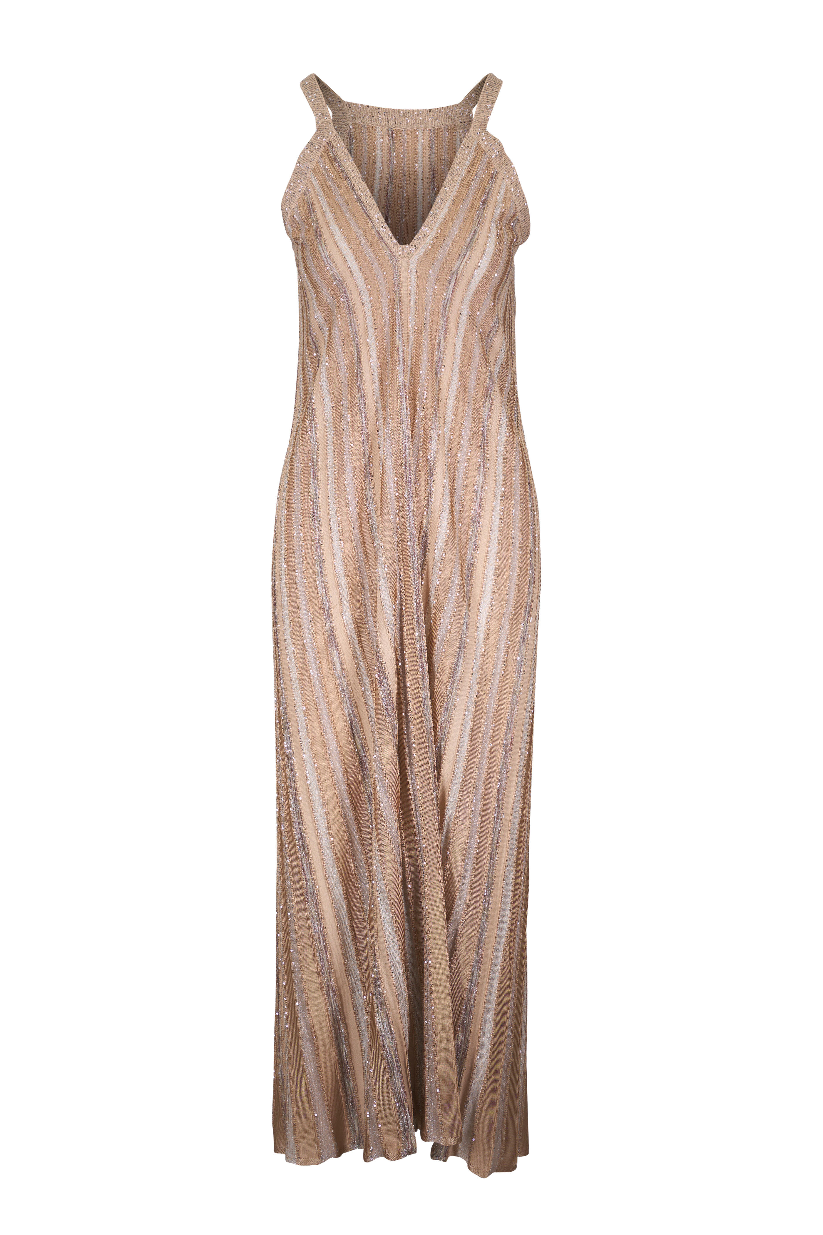 D.Exterior - Americana Neutral Metallic Stripe Midi Dress