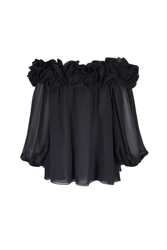 Carolina Herrera Black Flower Silk Off-The-Shoulder Top - view 5