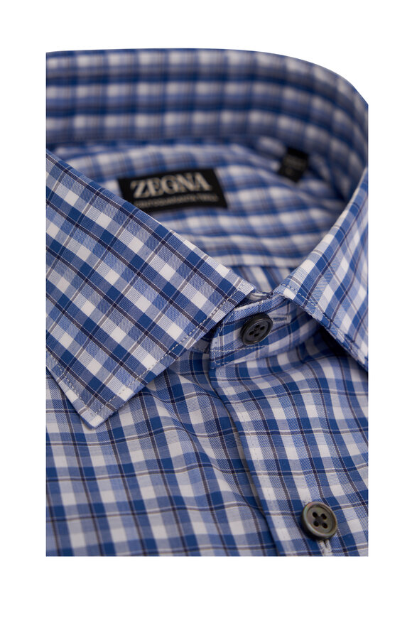 Zegna - Light Blue Plaid Cotton Twill Sport Shirt 