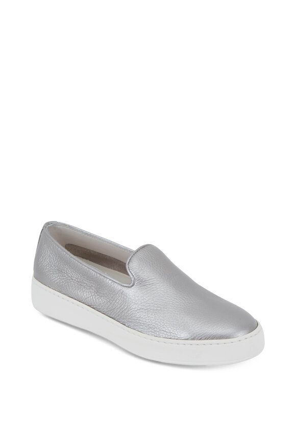 Santoni - Silver Grained Leather Slip-On Sneaker 