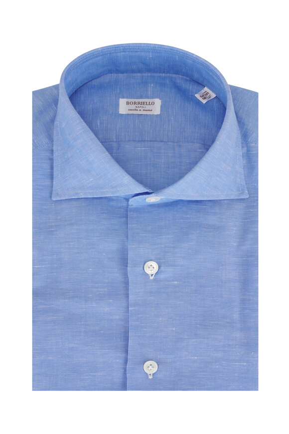 Borriello Solid Cornflower Blue Cotton & Linen Dress Shirt