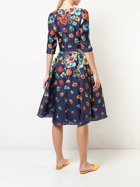 Carolina Herrera - Blue Floral Print Elbow Sleeve Dress