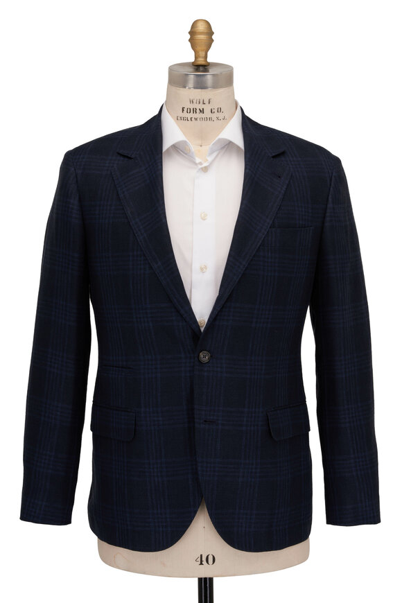 Brunello Cucinelli - Navy Tonal Plaid Linen, Wool & Silk Suit 