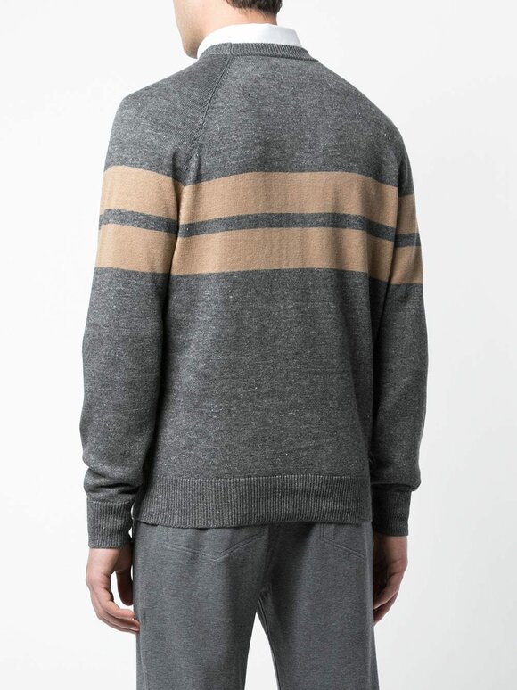 Brunello Cucinelli - Gray & Camel Striped Linen & Cotton Pullover