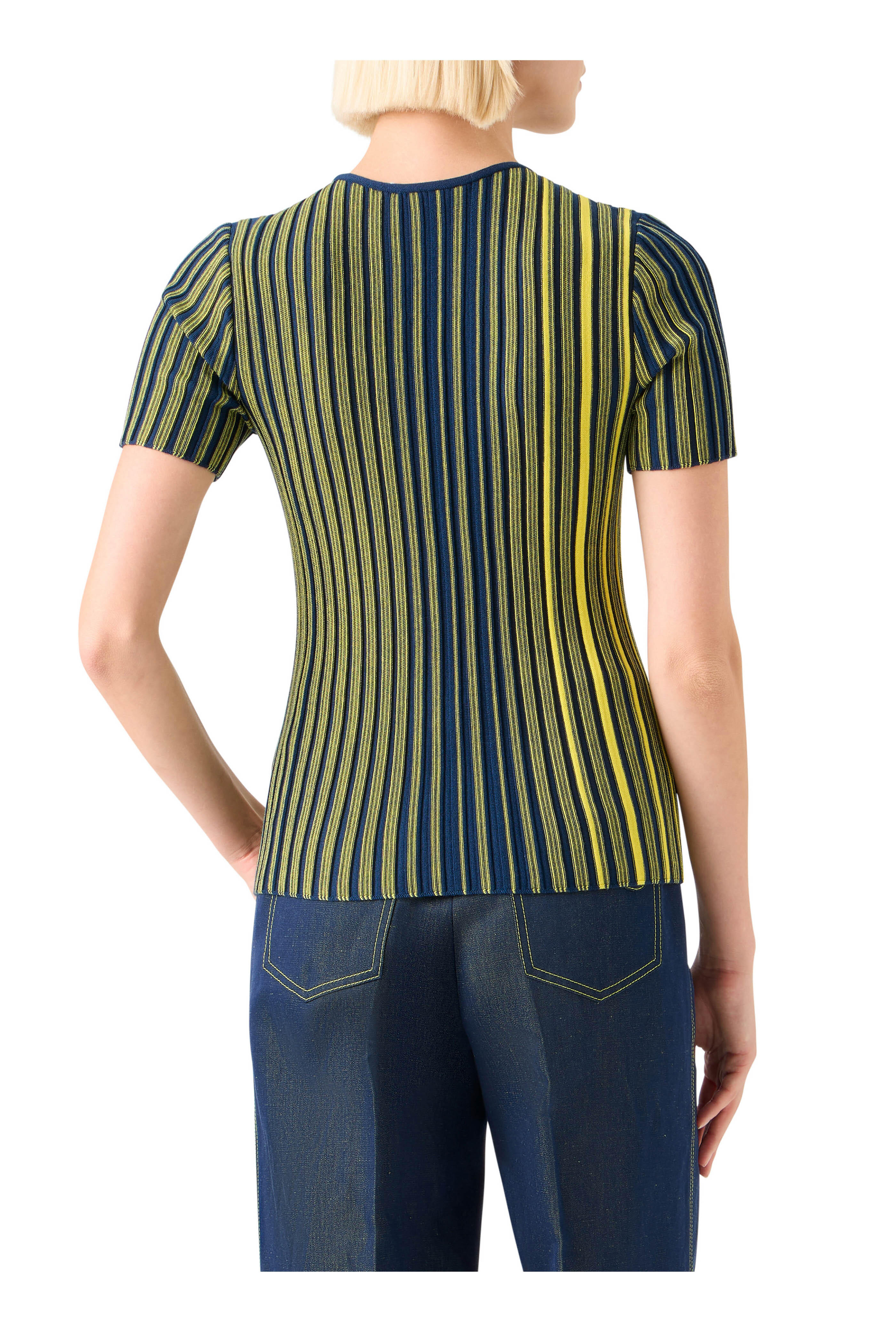 Akris Punto - Cobalt Blue Stripe Rib Knit Short-Sleeve Sweater - view 3