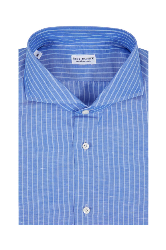 Eddy Monetti - Medium Blue Striped Cotton & Linen Sport Shirt