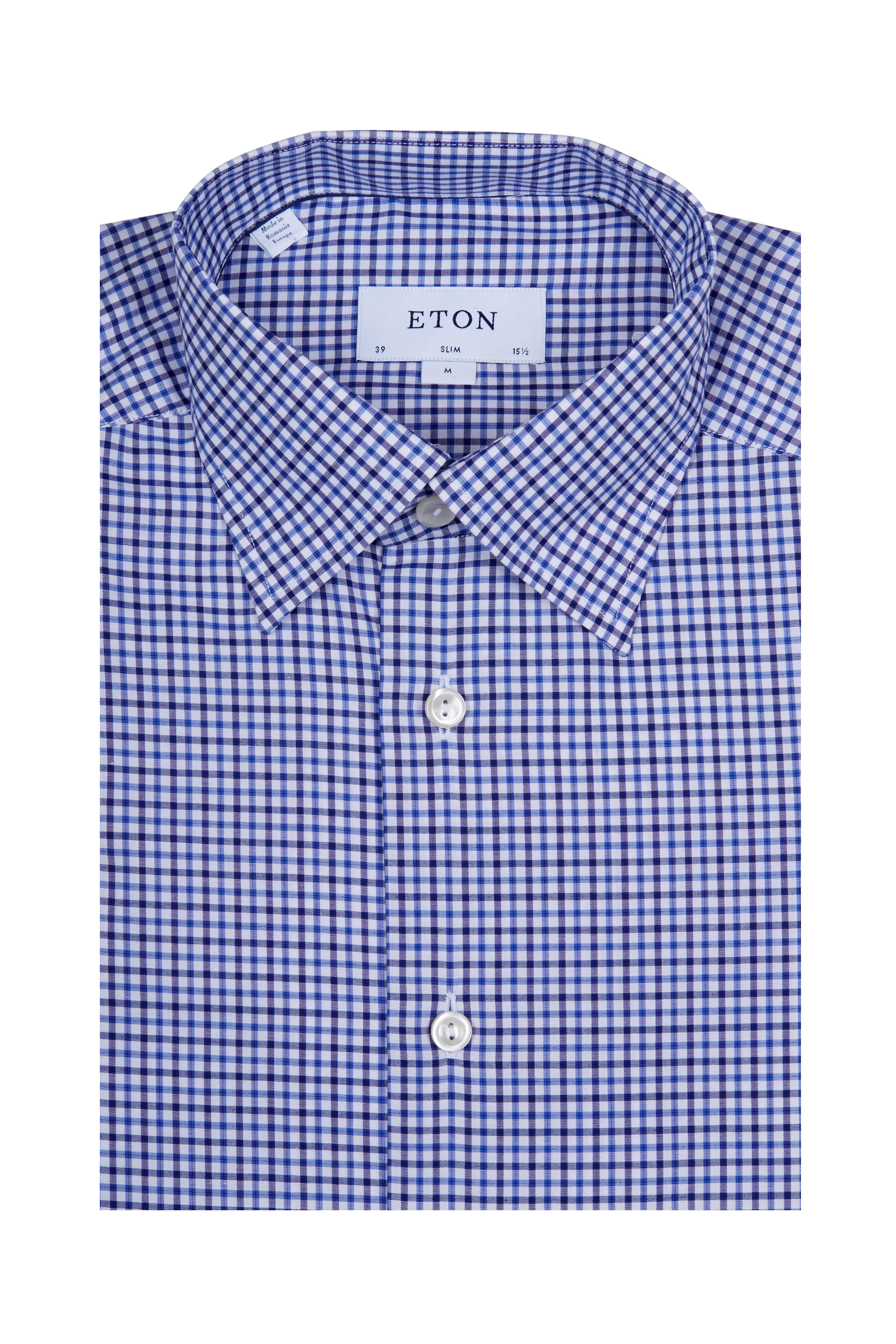 Eton - Blue & Navy Tattersall Check Slim Fit Dress Shirt