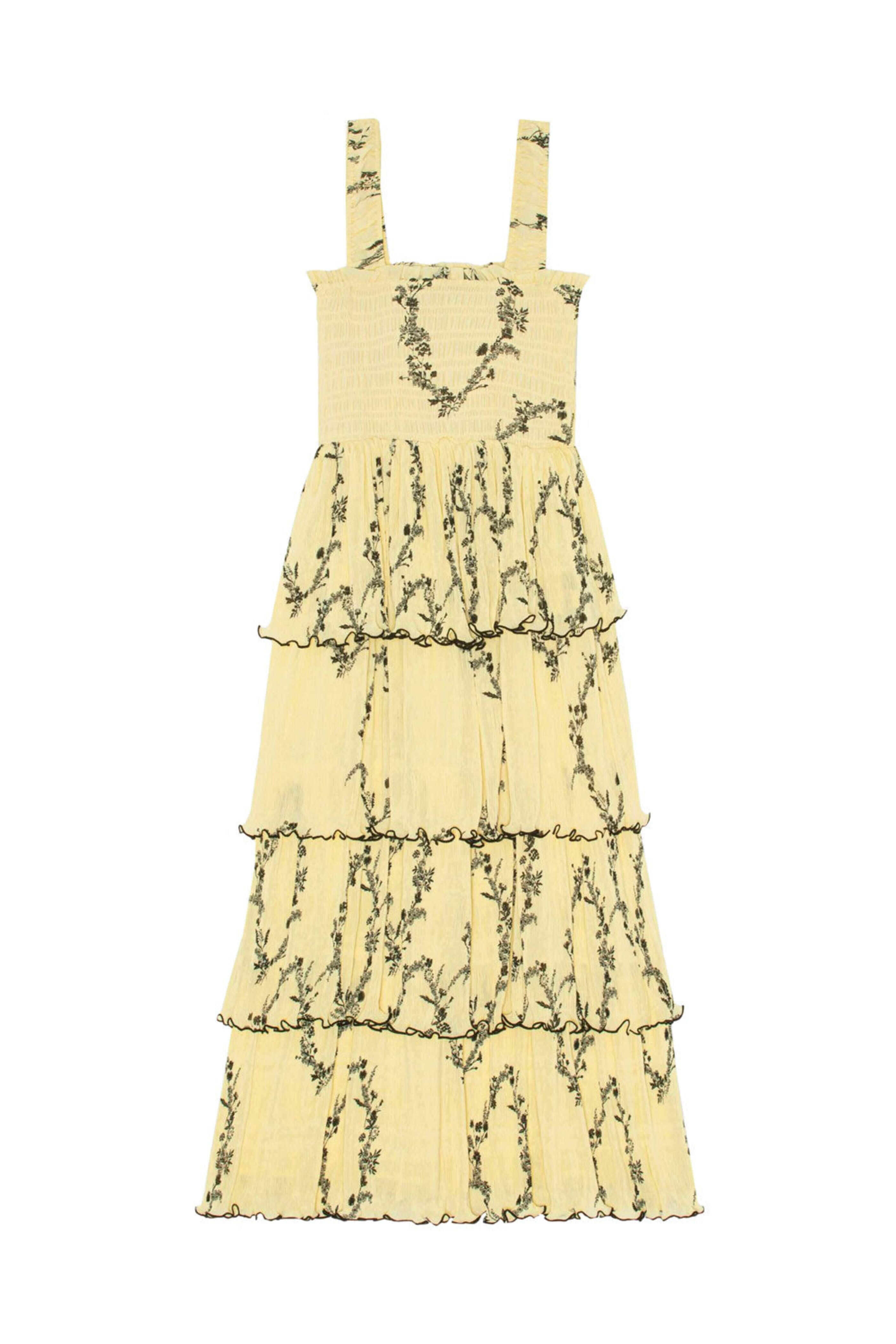 Ganni - Pale Yellow Floral Pleated Georgette Midi Dress
